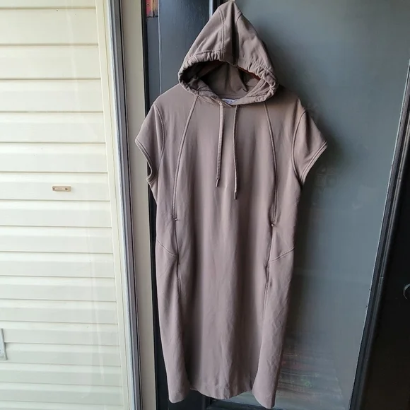 Athleta Women’s Hooded Cabana Tunic Pullover Large Sweater Dress Coverup Tan - Picture 2 of 14